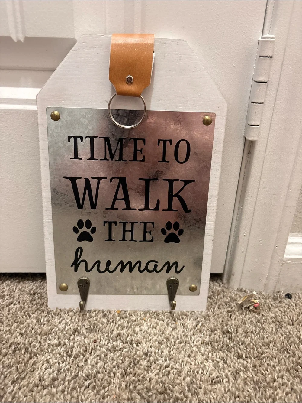 Time to Walk Wall Hook Sign with White Frame and Tan Strap